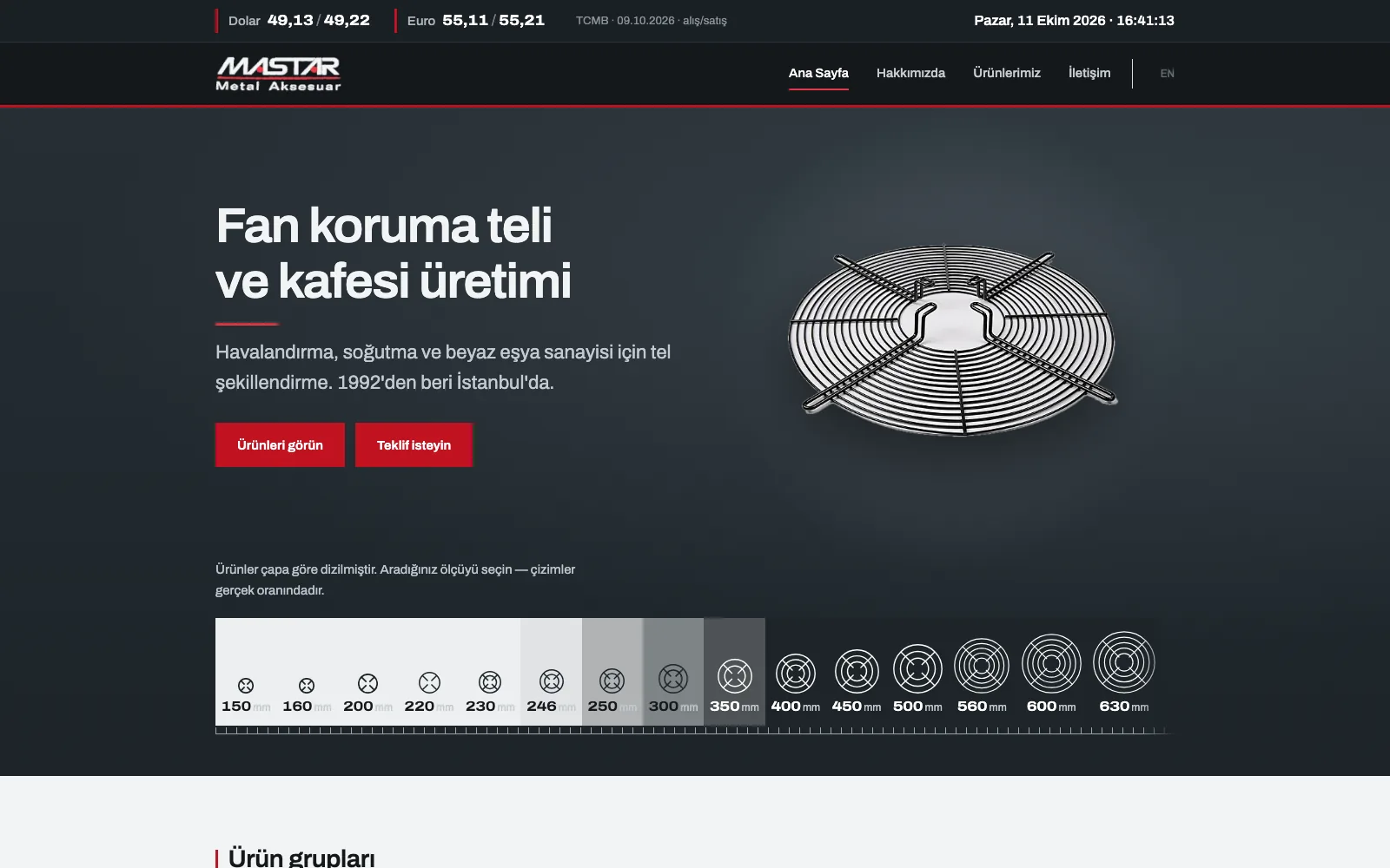 الصفحة الرئيسية لـ Mastar Metal: على خلفية داكنة عنوان «تصنيع شبكات وأقفاص حماية المراوح»، وعلى اليمين صورة شبكة حماية، وتحتها مسطرة مقاسات من 150 إلى 630 مم، وفي الأعلى أسعار صرف اليوم