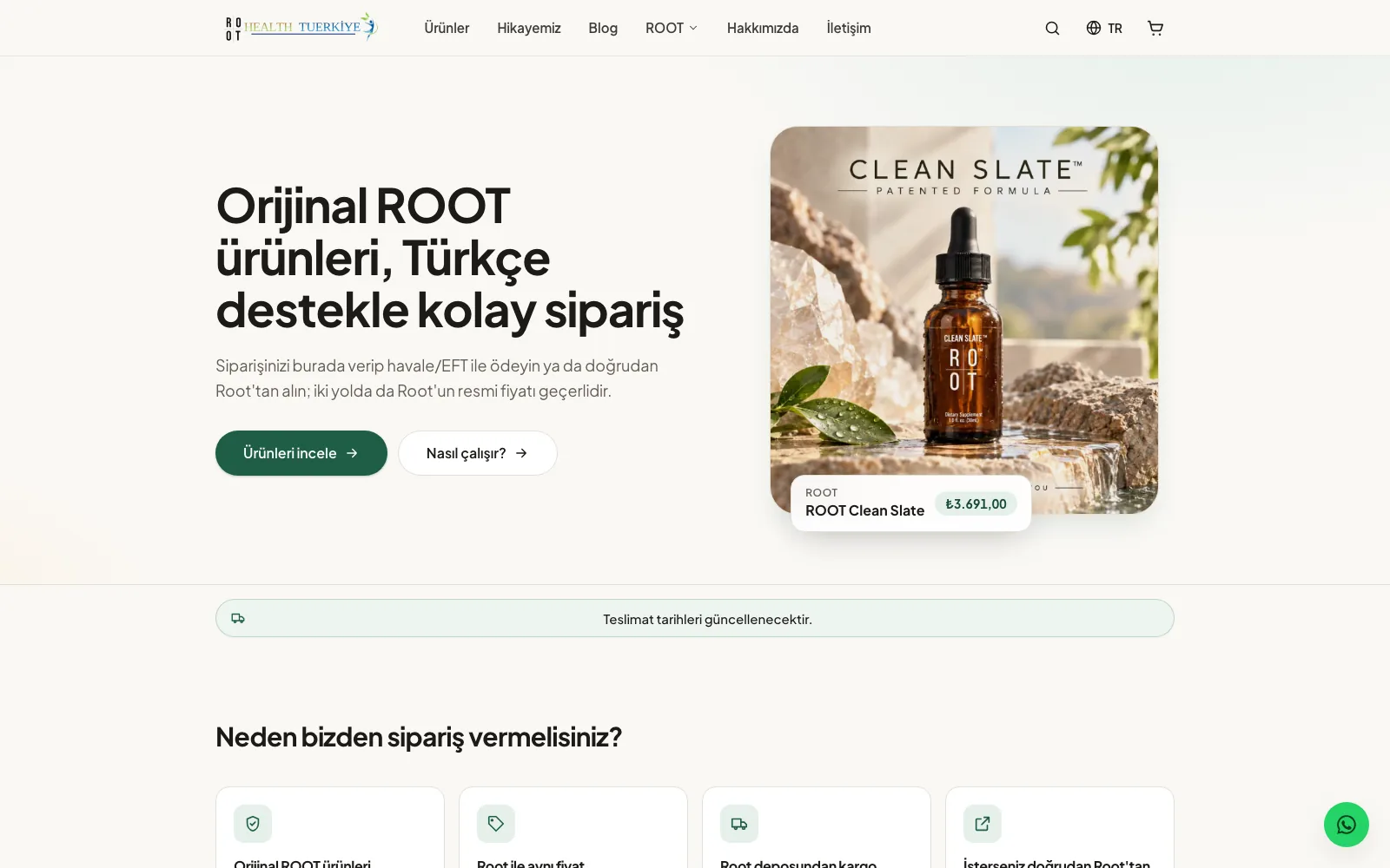الصفحة الرئيسية لـ Root Health Türkiye: على اليسار عنوان «منتجات ROOT أصلية، طلب سهل» مع زرّين، وعلى اليمين صورة زجاجة Clean Slate مع بطاقة السعر