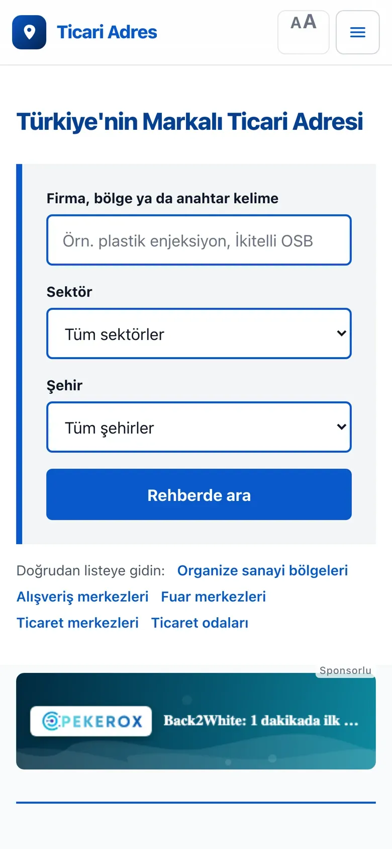 Ticari Adres on a phone: the search box and the category list drop into a single column